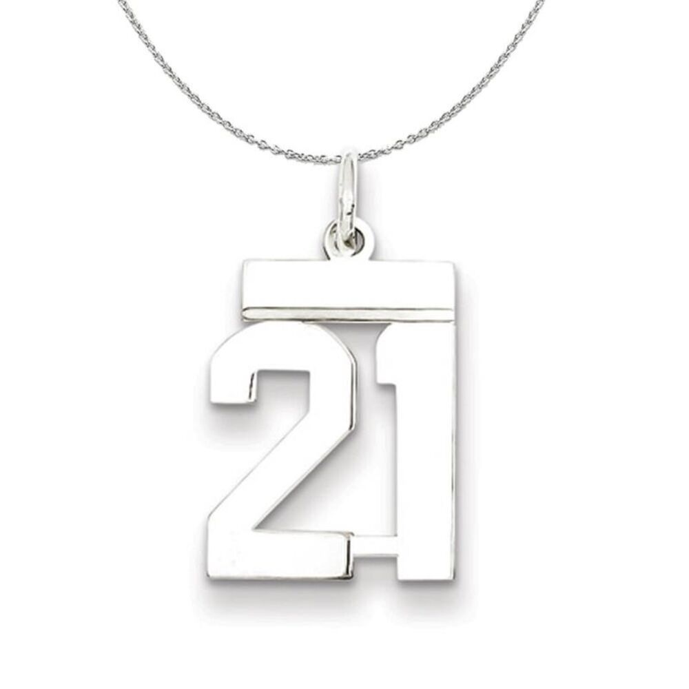 Silver, Athletic Collection Medium Polished Number 21 Necklace - 24 In